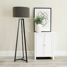 ValueLights Lottie Black Wood Tripod Floor Lamp with Charcoal Boucle Drum Shade and LED Bulb