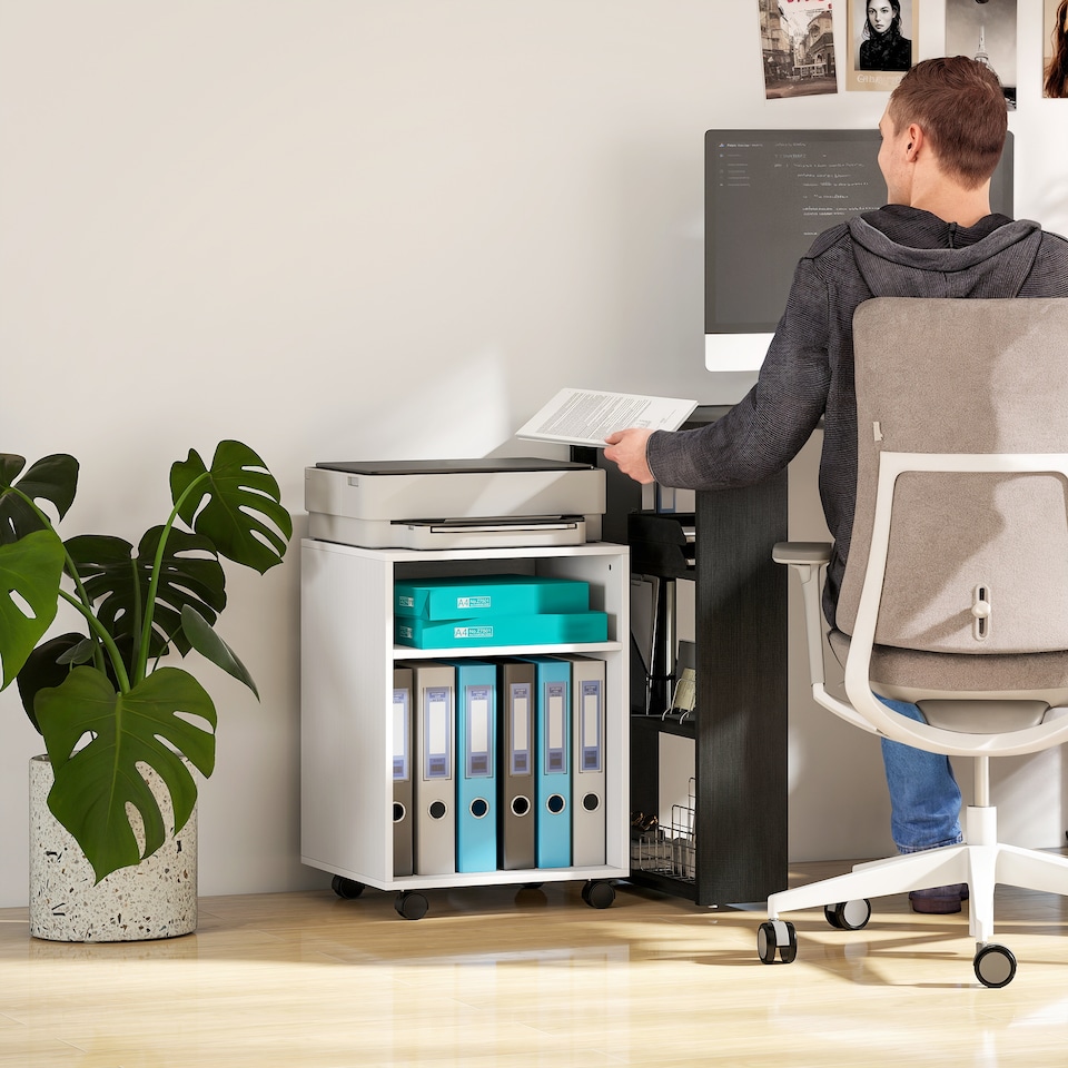 image 1 of HOMCOM 2-Tier Printer Stand with Storage and Wheels, White | White | White | 40W x 35D x 55.5H cm