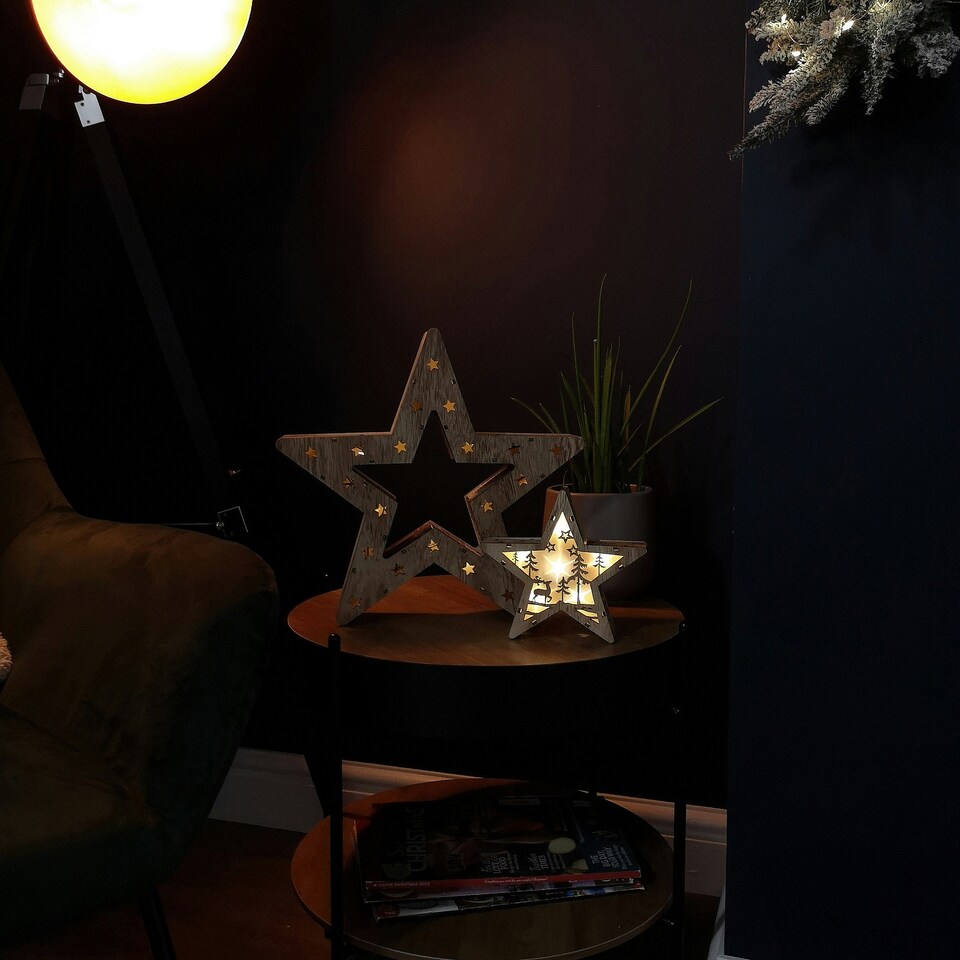 image 1 of Set of 2 Battery Operated Indoor Wooden Christmas Stars with Warm White LEDs