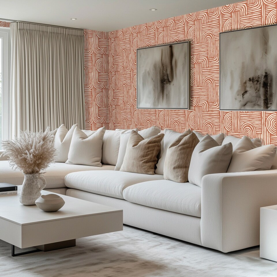 image 1 of Raffia Curves Wallpaper in Cream on Terracotta | Red | Dark, Red, Terracotta | 50cm x 10m