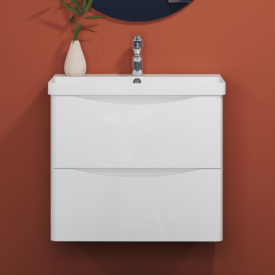 image 1 of AICA 600mm Wall-Hung White Bathroom Vanity Unit With Integrated Sink,2 Soft-Close Drawers for Storage