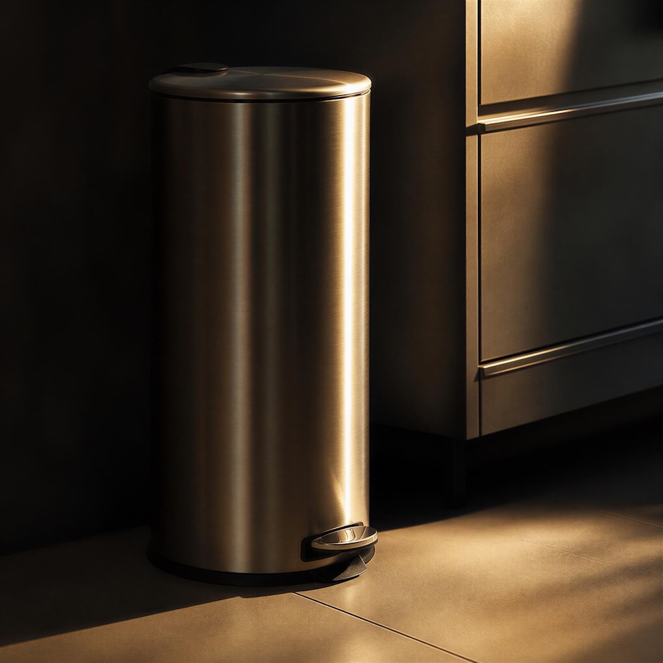 image 1 of Harbour Housewares 30L Stainless Steel Kitchen Pedal Bin with Lid Chrome Foot Pedal Removable Inner Bucket Slim Tall 31x36x63cm
