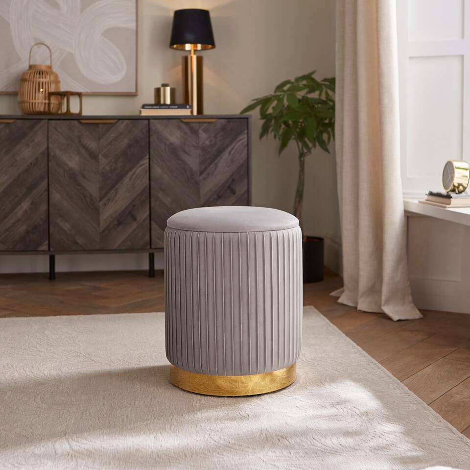 image 1 of Esme Velvet Pleated Storage Stool | Grey | Grey | One Size