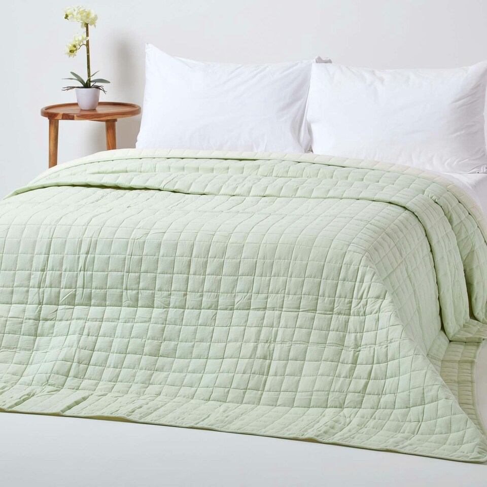 image 1 of Homescapes Cotton Quilted Reversible Bedspread Sage Green and Cream - 150 x 200 cm Green