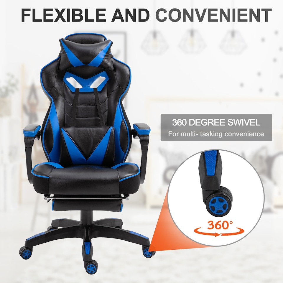 image 1 of Vinsetto Computer Gaming Chair, Racing Desk Chair with Lumbar Support and Footrest, PU Leather Gamer Chair with Headrest and Swivel Wheels for Home, Blue