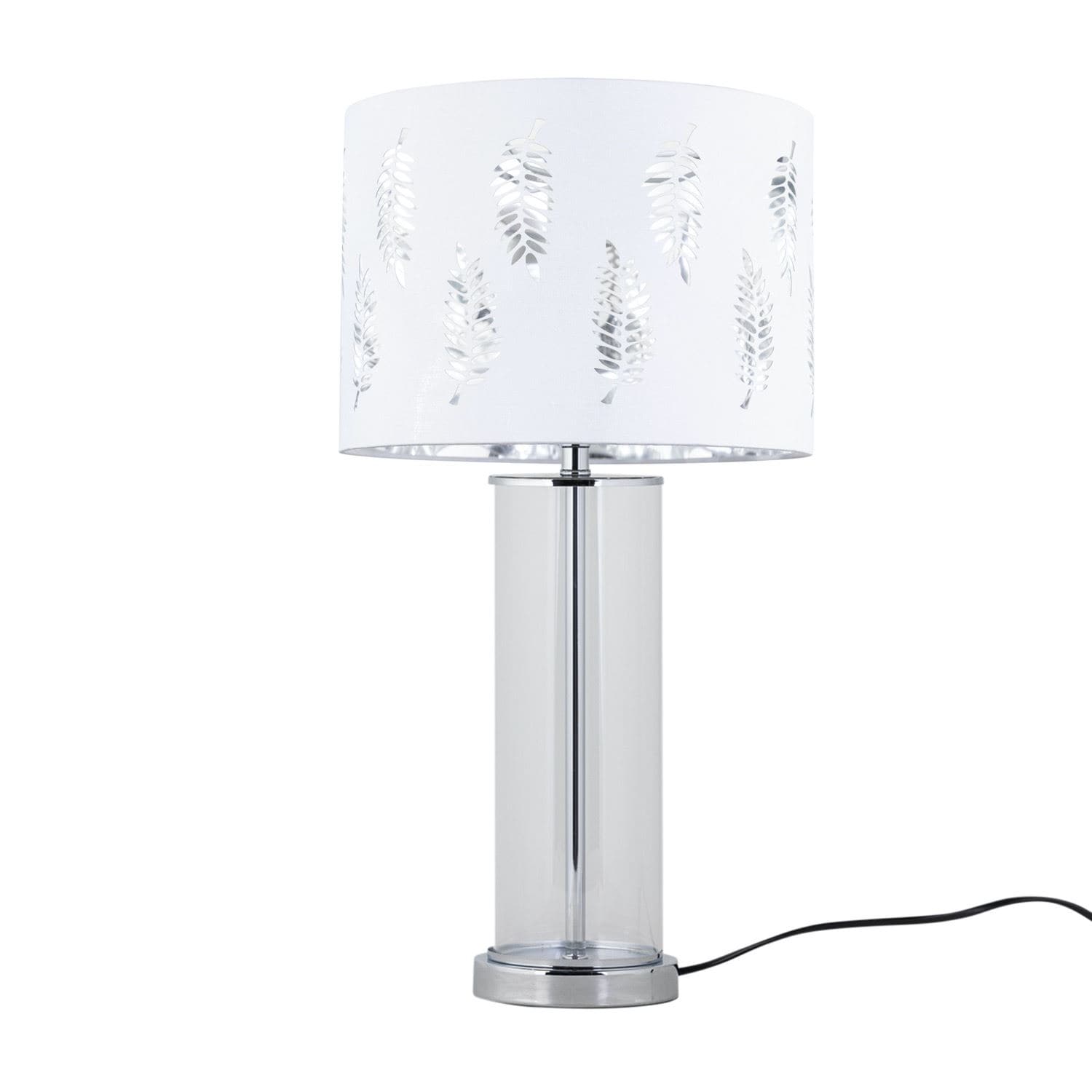 First Choice Lighting Aura - Chrome Table Lamp with White Fern Cut Out Silver Inner Shade