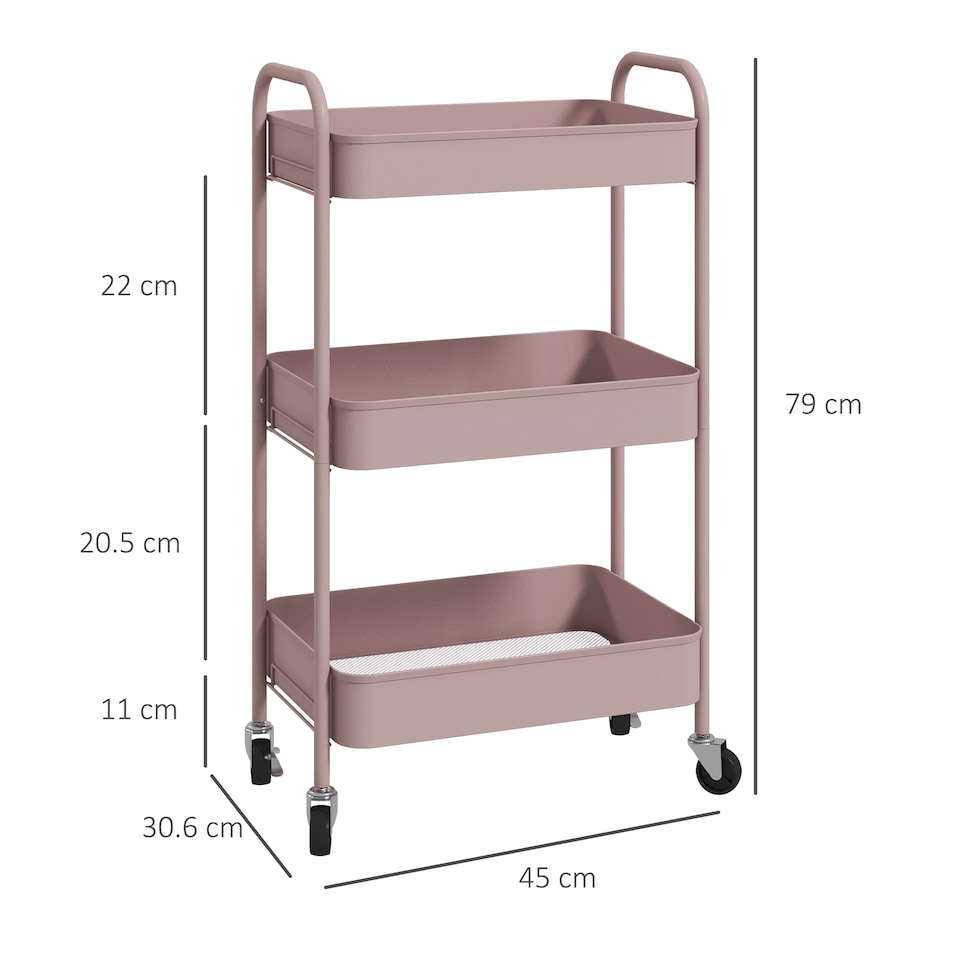 image 1 of HOMCOM 3-tier Storage Trolley on Wheels, Metal Storage Cart, Rolling Ultility Cart with 3 Mesh Baskets for Living Room, Kitchen, Pink