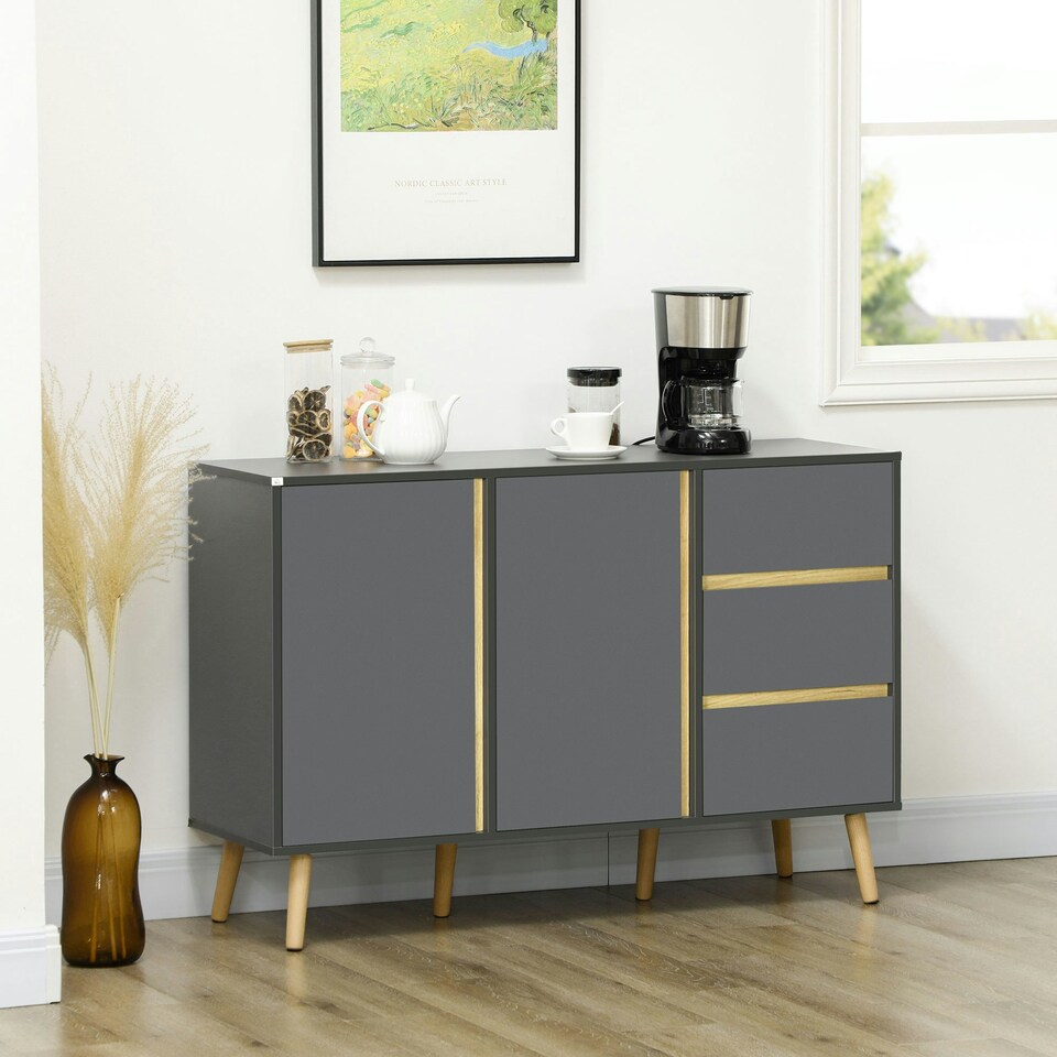 image 1 of HOMCOM Sideboard Kitchen Cupboard w/ Adjustable Shelves, Double Doors Dark Grey Grey | Wood-effect accents