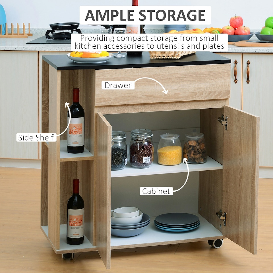 image 1 of HOMCOM Kitchen Storage Trolley Cart Cupboard Rolling Island Shelves Locking