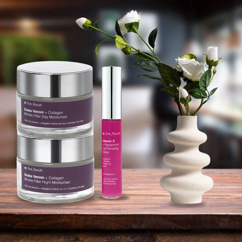 image 1 of Dr. Eve_Ryouth Snake Venom + Collagen Wrinkle Filler Day Moisturiser 50ml + Snake Venom + Collagen Wrinkle Filler Night Moisturiser 50ml + Vitamin E Lip Plumps 8ml