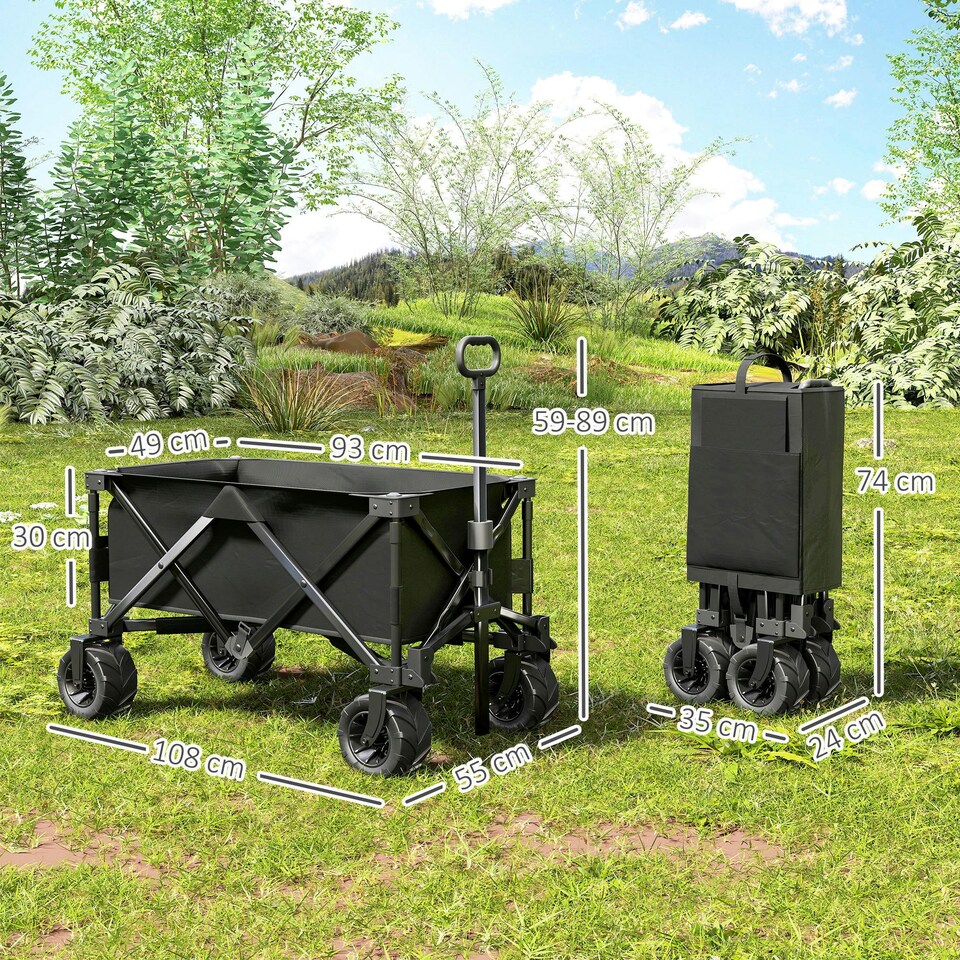 image 1 of Outsunny Outdoor Pull Along Garden Trolley on Wheels Folding Beach Cart Black