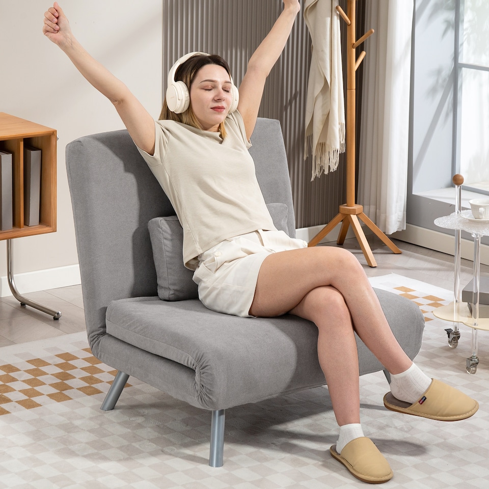 image 1 of HOMCOM Single Chair Bed, 3-in-1 Click Clack Convertible Bed Settee with Adjustable Backrest, Snow Flannel Upholstered Lounge Couch with Pillow for Living Room, Bedroom, Home Office, Small Space, Grey