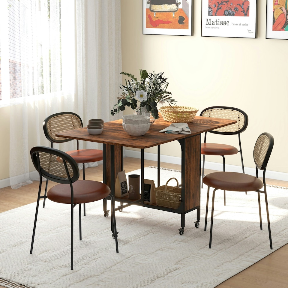 image 1 of HOMCOM Mobile Drop Leaf Dining Table on Wheels with Storage Shelf Rustic Brown