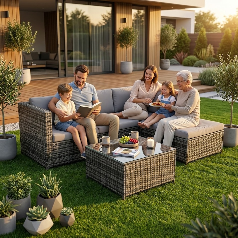 image 1 of Alivio 3-Seater PE Garden Rattan Corner Sofa Set with Coffee Table & UV-Resistant Cushions (Grey)