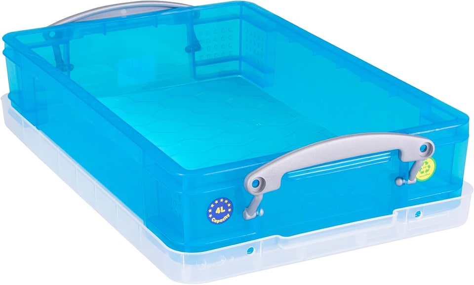 image 1 of Really Useful Box Plastic Storage 4 Litre Transparent Bright Blue (Pack of 4)