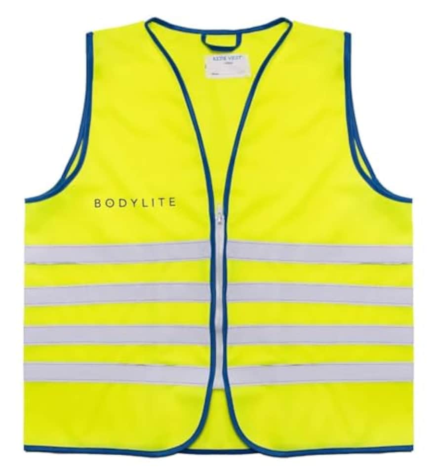 image 1 of Bodylitegear Kids Reflective Safety Vest, High 360 Degree Visibility Fun Design With Blue Trim, Robust Zipper, 100% Polyester, Neon Yellow, Large