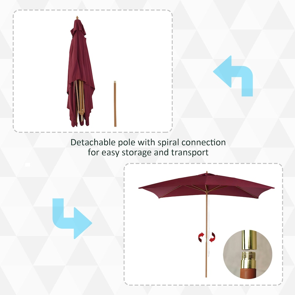 image 1 of Outsunny Wooden Garden Parasol Sun Shade Patio Umbrella Canopy Wine Red