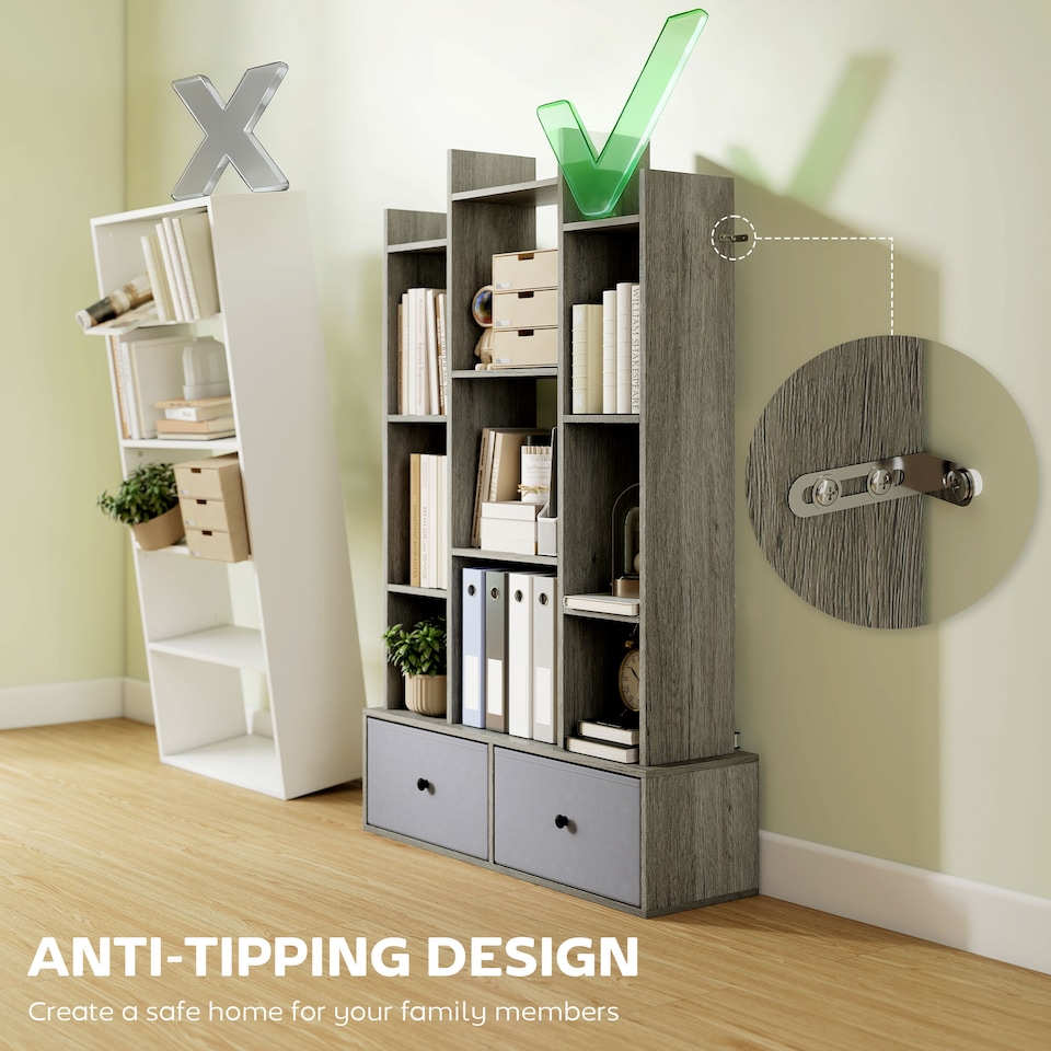 image 1 of HOMCOM Tree Bookshelf, 12-Tier Floor Standing Bookcase with 2 Foldable Drawers, Freestanding Book Shelf Storage Display Shelving Unit for Living Room, Home Office, Bedroom, Graphite Wood Effect