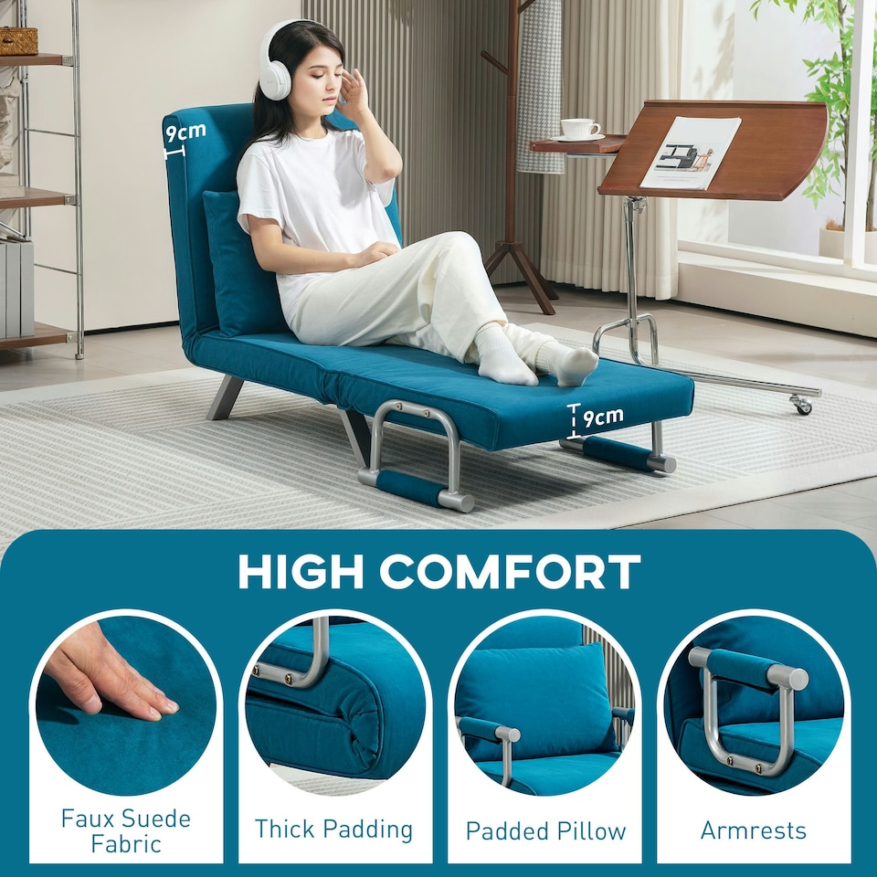 image 1 of HOMCOM Folding 5 Position Convertible Sleeper Chair Bed Dark Blue | Multi | Chair