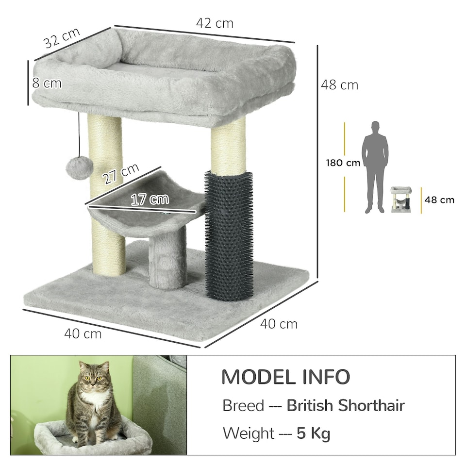 image 1 of PawHut Small Cat Tree with Scratching Post Bed Toy for Indoor Cats, Grey