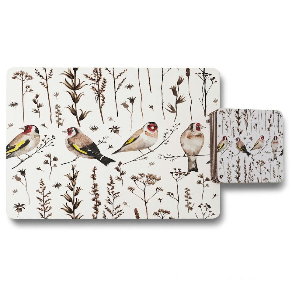 goldfinches and autumn dry plants (Placemat & Coaster Set)