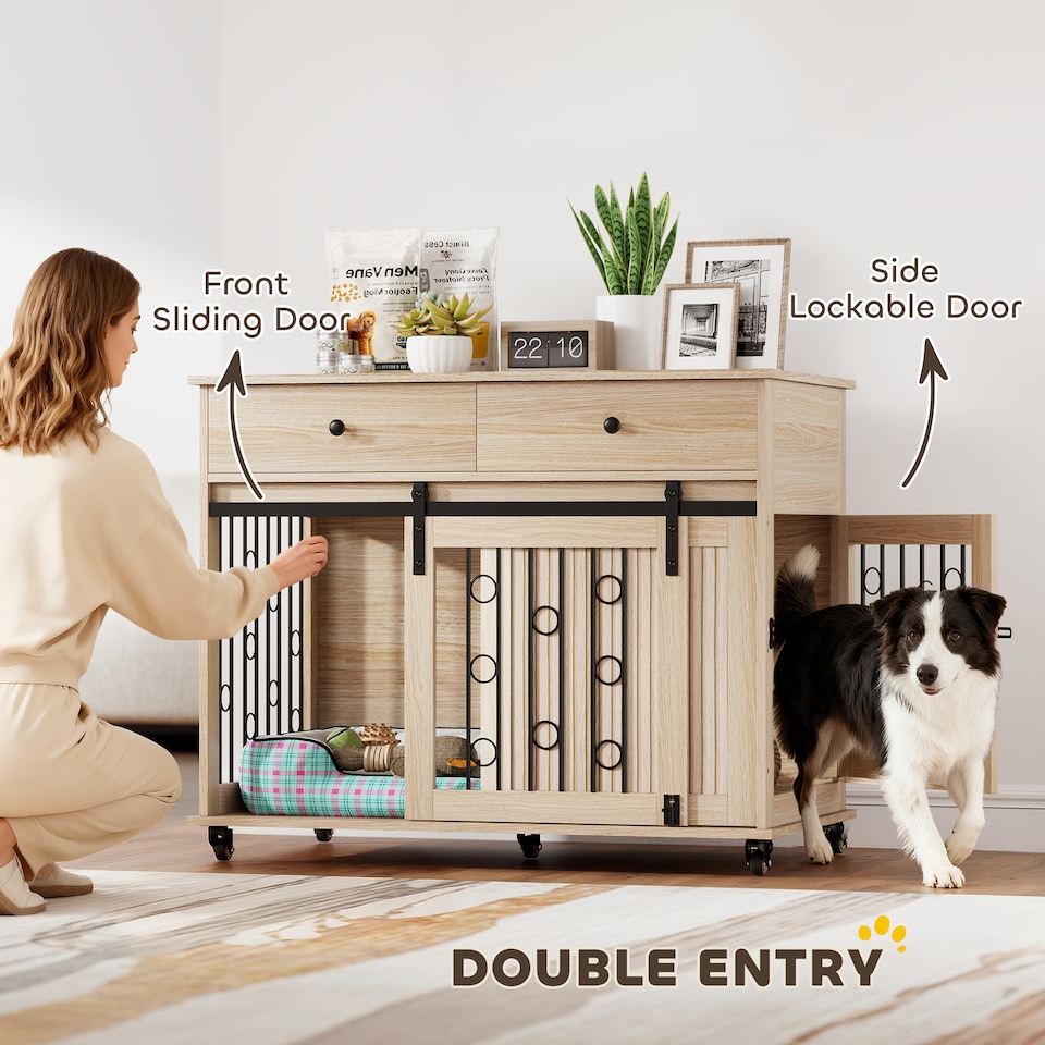 image 1 of PawHut Dog Crate Furniture on Wheels, Dog Cage with 2 Drawers, Sliding Door, Indoor Kennel End Side Table for Medium Large Breeds, Oak Tone