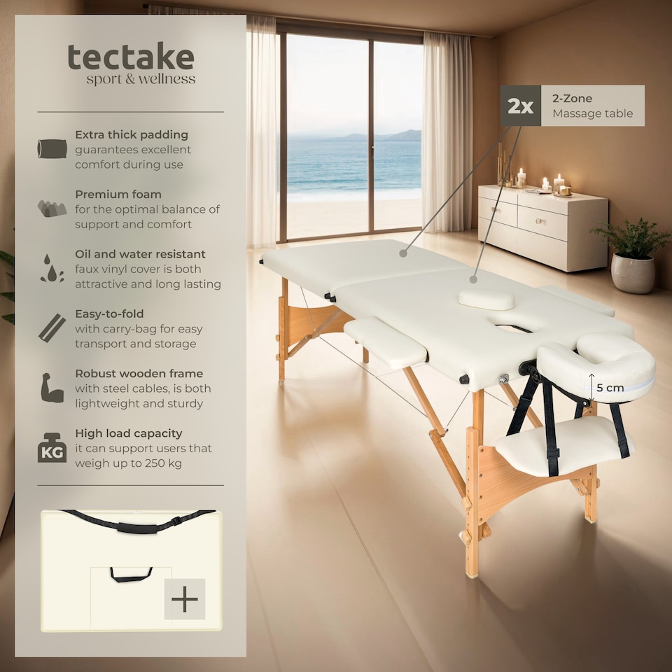 image 1 of Massage Table Freddi - 2-zone bed, foldable, with carry bag, head and armrests | Cream | beige | 1