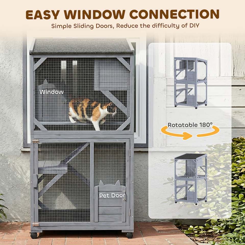 image 1 of PawHut Outdoor Catio, Wooden Cat House on Exercise Wheels Indoor Outdoor