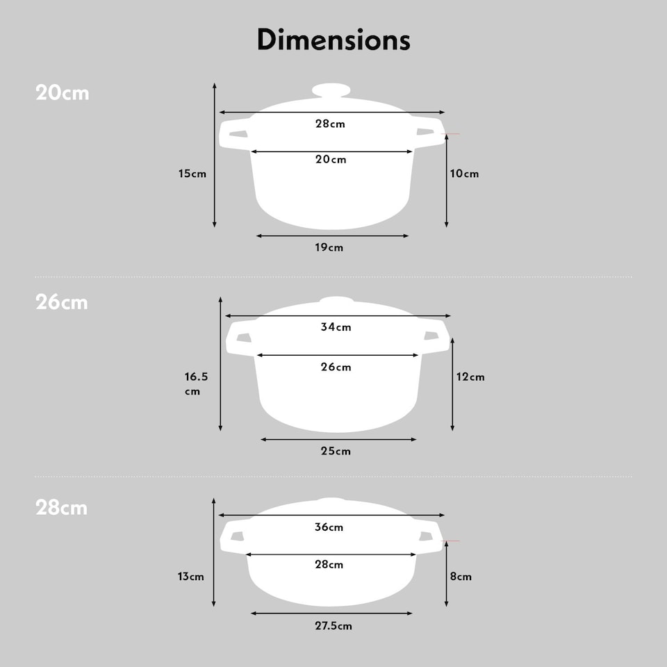 image 1 of Cooks Professional Cast Iron Casserole Dish Set of 3 | 20cm, 26cm and 28cm | Enamelled Inside and Out | Graduated Grey Grey