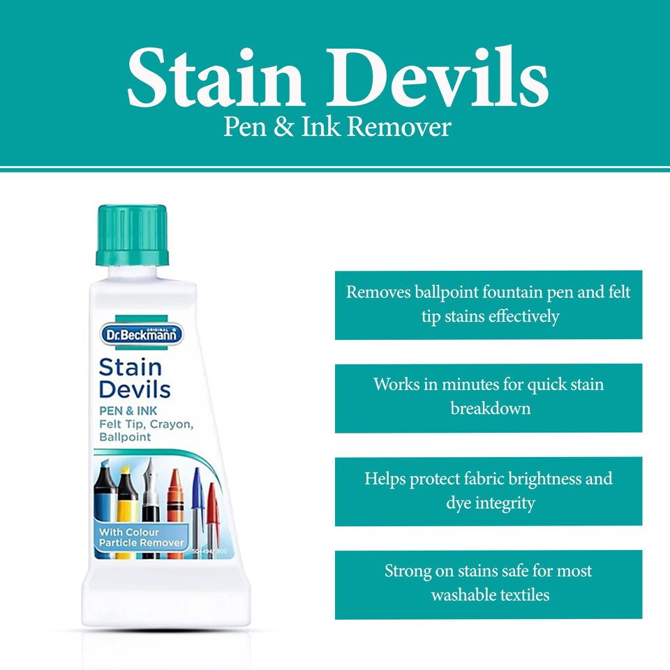 image 1 of Dr Beckmann Stain Devils Pen and Ink Remover Fabric Stain Cleaner for Ballpoint Fountain and Felt Tip Ink 50ml Pack of 2