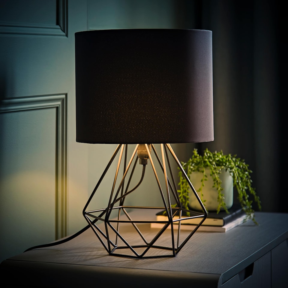 image 1 of ValueLights Modern Black Metal Basket Cage Bed Side Table Lamp With Black Fabric Shade