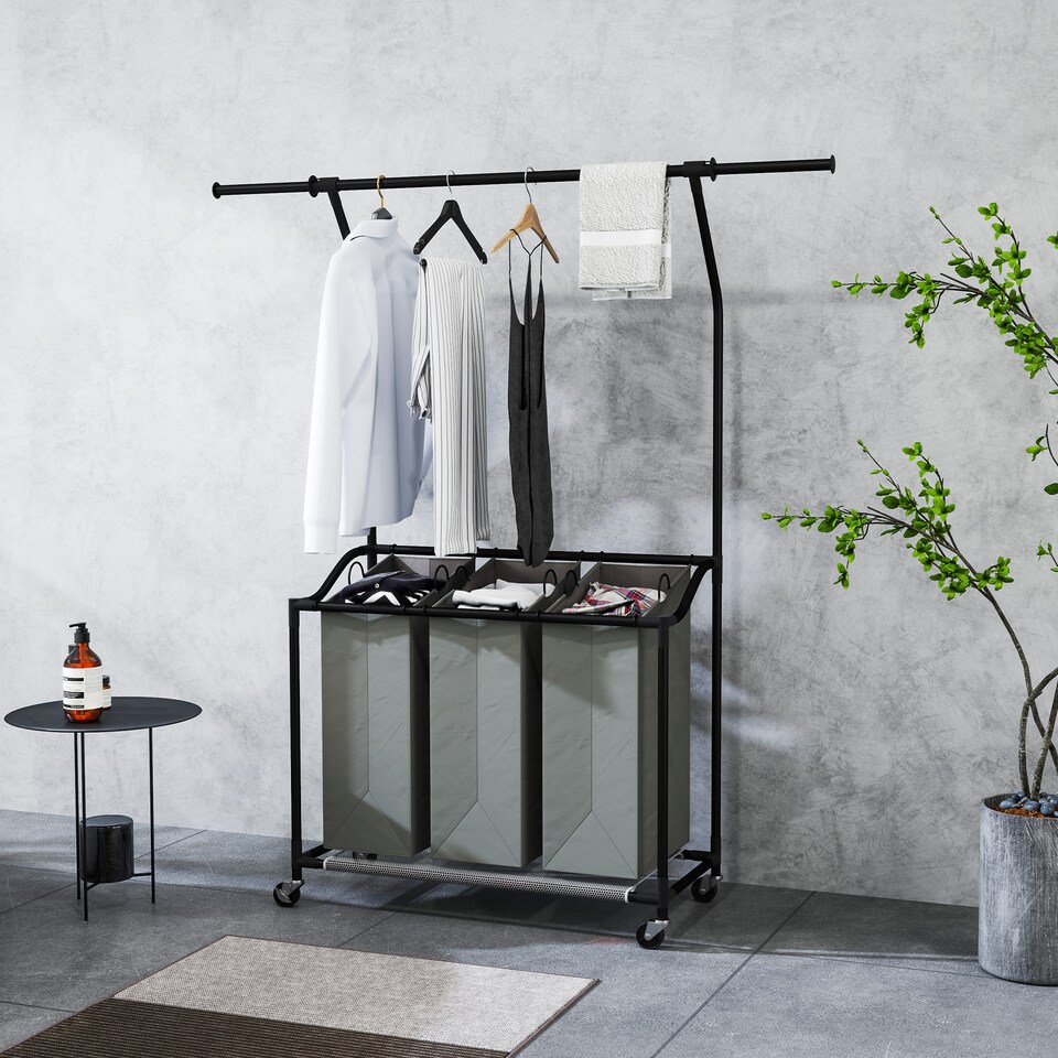 image 1 of HOMCOM 126L Laundry Sorter, Rolling Wash Basket with Hanging Rail and Mobile 3-Bag Organiser for Bedroom, Bathroom, Laundry Room, 88-149.5L x 40W x 167H cm, Dark Grey | Grey