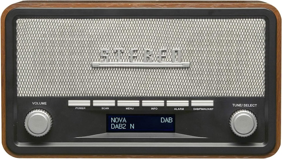 image 1 of Vintage Style Stereo DAB/DAB+ & FM Radio – Grey Wood Cabinet, Bluetooth, Clock Radio Alarm, AUX IN for Smart Phone/Tablet / MP3 Player – Mains or Battery