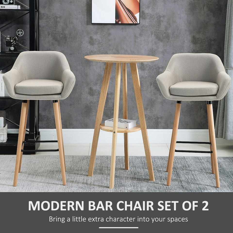 image 1 of HOMCOM 2 PCs Upholstered Bucket Seat Bar Stools w/ Solid Wood Legs Beige
