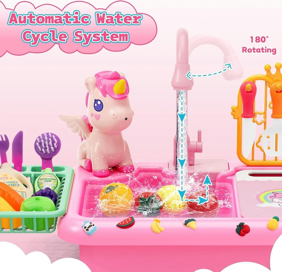 image 1 of Kids Kitchen Sink Playset with Real Running Water Food Accessories Cookware Hanging Rack and Storage Space