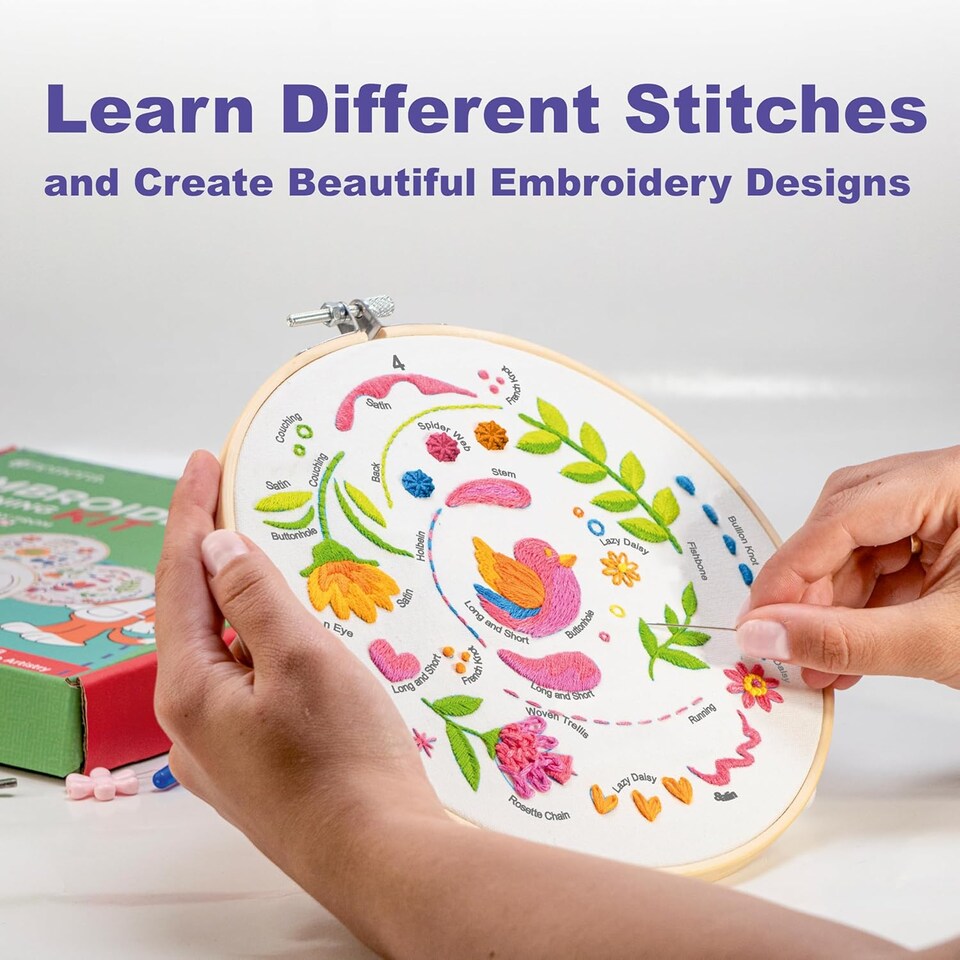 image 1 of Beginner Embroidery Kit (4 Pack) for Adults, Learn 33 Stitches with Easy DIY Video Tutorials, Coloured Design Patterns (AZA100)