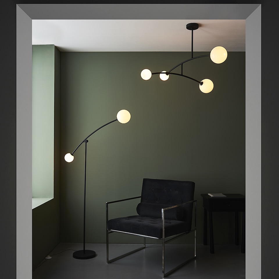 image 1 of Rovigo 4 Light Ceiling Semi Flush Textured Matt Black & Gloss Opal Glass