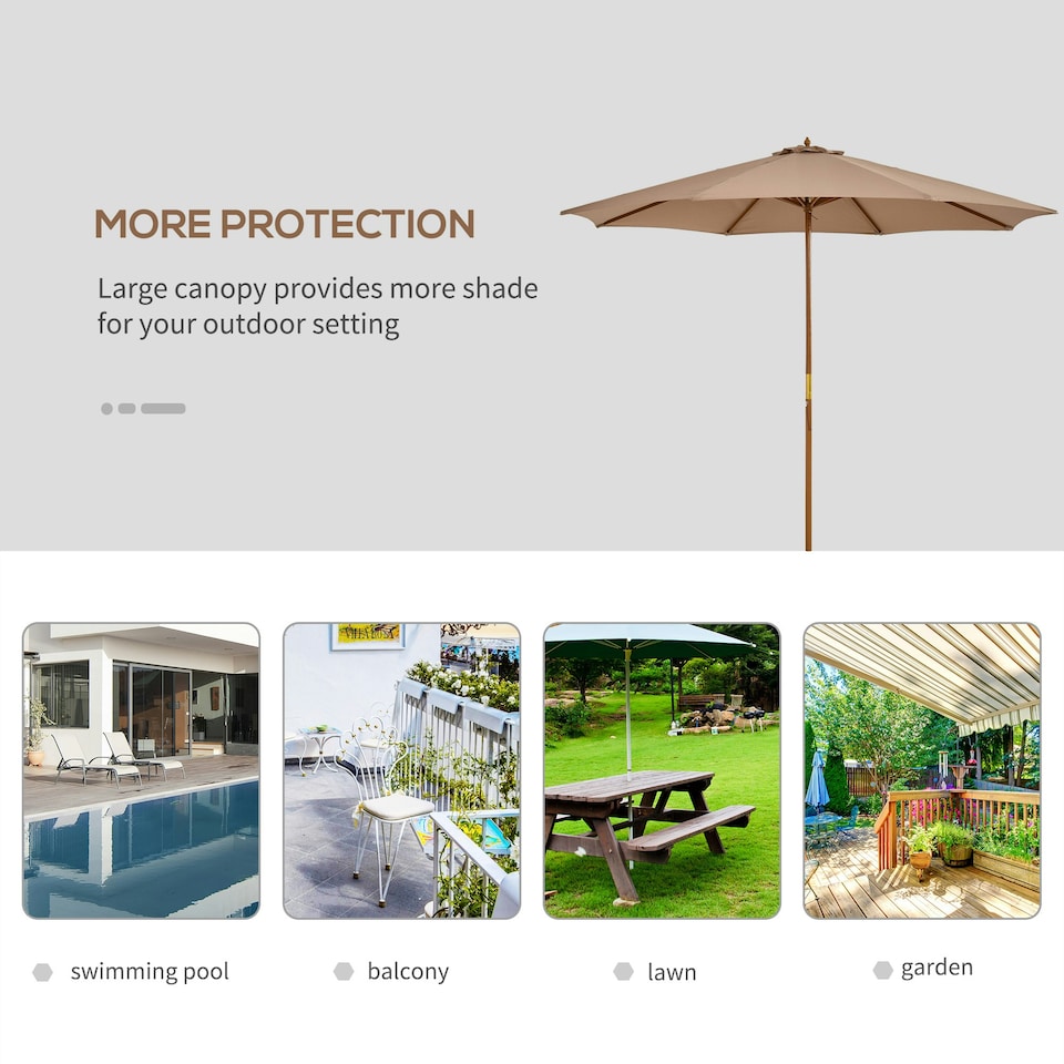 image 1 of Outsunny 3(m) Wooden Garden Parasol Sun Shade Outdoor Umbrella Khaki
