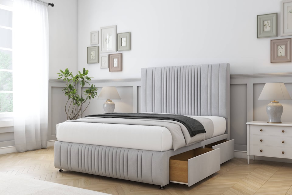 image 1 of Sloomy Kingsley Silver Naples Divan Bed Base No Drawers With 54 Inch Floor Standing Headboard & 12 Inch Matching Footboard | Silver | Silver | Super King | 1