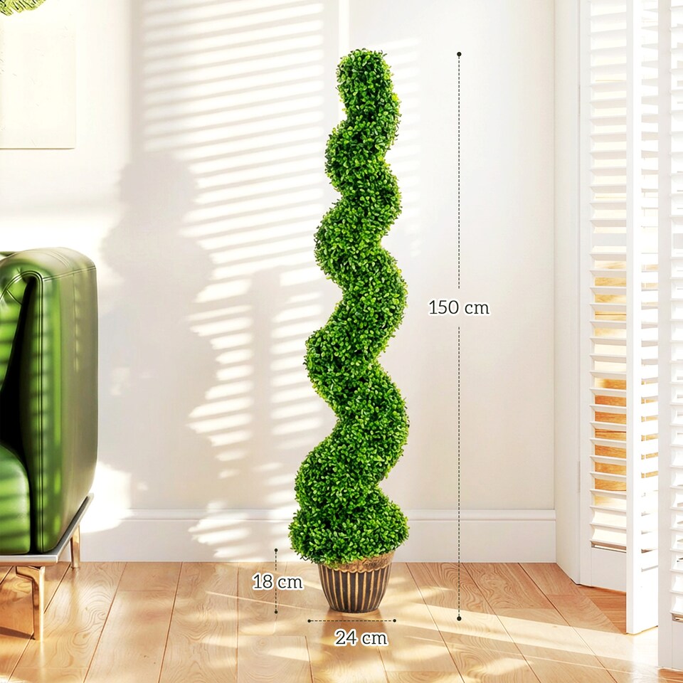 image 1 of HOMCOM Set of 2 Potted Artificial Plants, Topiary Spiral Boxwood Trees | Green | Boxwood Green | 5ft