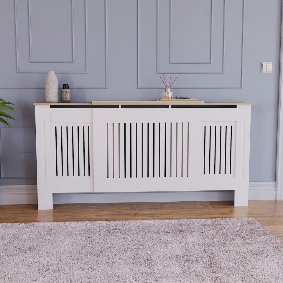 image 1 of Vida Designs Arlington Adjustable Radiator Cover upto 204cm Width Painted MDF Heat Protection - White