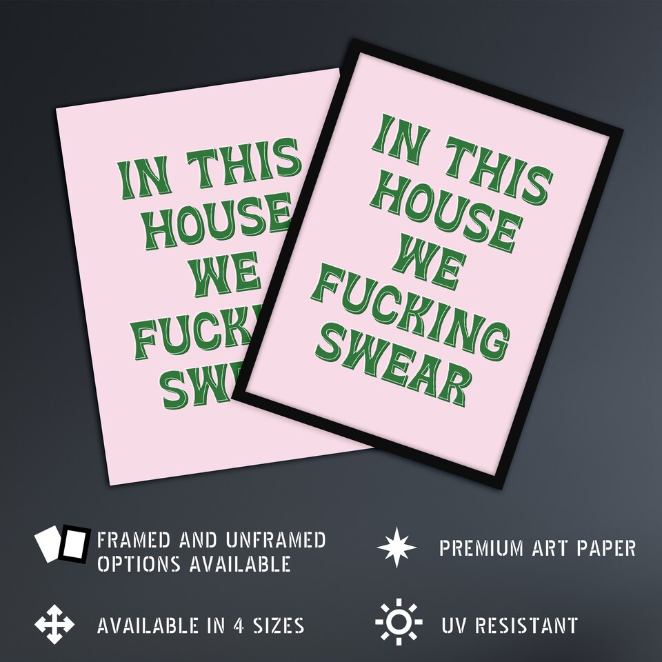 image 1 of In This House We Swear Pink Green Funny Cheeky Huge Wall Art Print 18X24 In