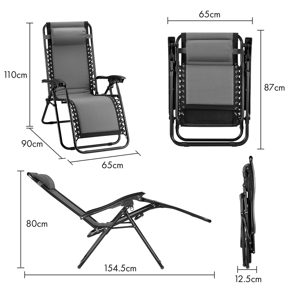 image 1 of VonHaus Set of 2 Padded Folding Zero Gravity Sun Lounger Chairs for Garden Grey