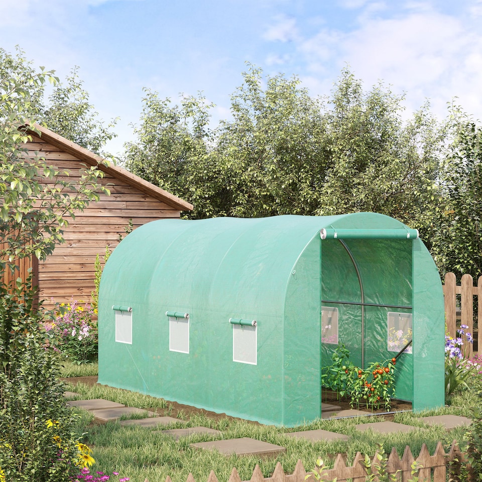 image 1 of Outsunny 4 x 2 x 2 m Polytunnel Greenhouse with Roll-up Door and 6 Windows | Green