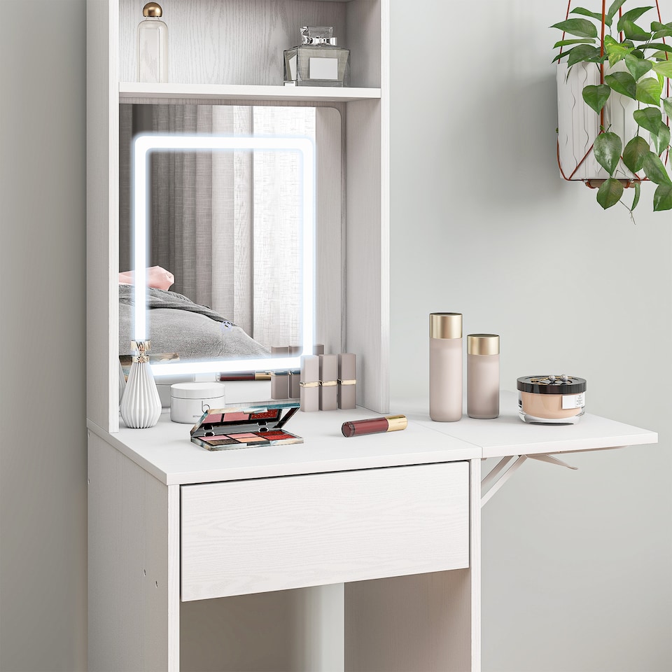 image 1 of HOMCOM Small Dressing Table with Mirror, Adjustable LED Lights, Drop Leaf Side, Vanity Desk with Open Shelves and Drawer, Compact Makeup Table for Small Spaces, Bedroom, White