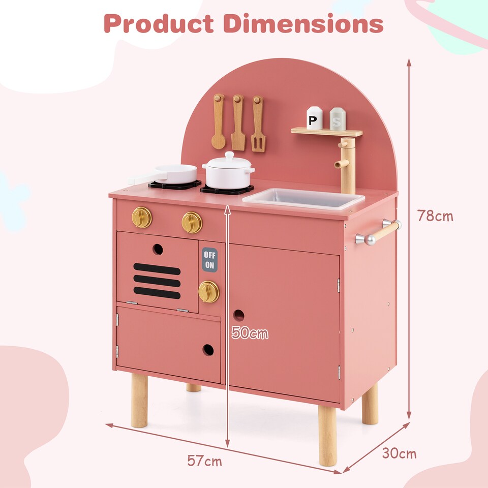 image 1 of COSTWAY Pretend Play Kitchen Wooden Kitchen Playset with Stoves Pink