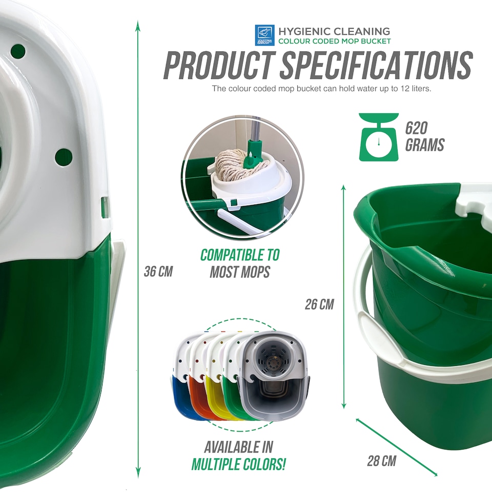 image 1 of Colour Coded Mop Bucket with Removable Wringer 12L Heavy Duty Plastic Cleaning Bucket for Home Kitchen and Catering