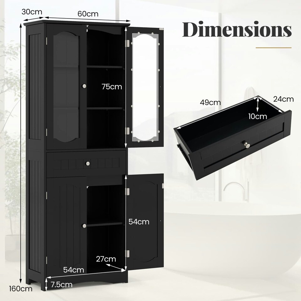 image 1 of COSTWAY 160cm Bathroom Storage Cabinet Freestanding Black Black