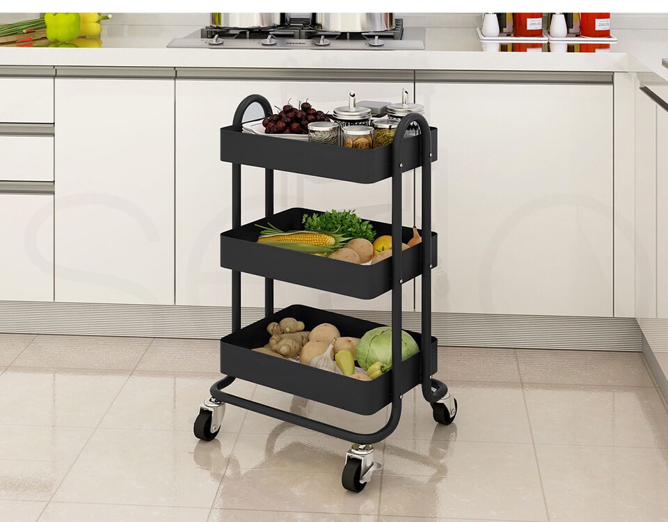 image 1 of Levede 3 Tiers Kitchen Trolley Cart | Black | Black
