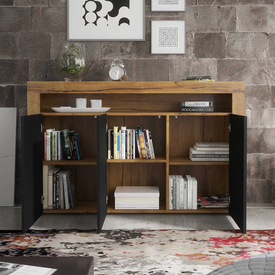 image 1 of Sideboard TV Unit TV Stand Oak Black Storage Cabinet Media Console Cupboard 155cm
